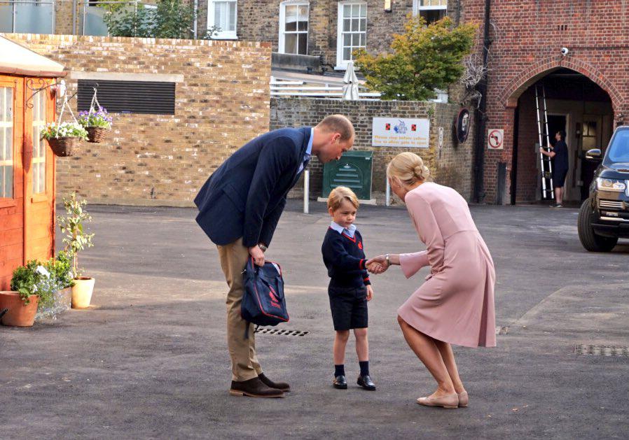  The young royal looked nervous as he greeted the head of the lower school at Thomas's Battersea this morning