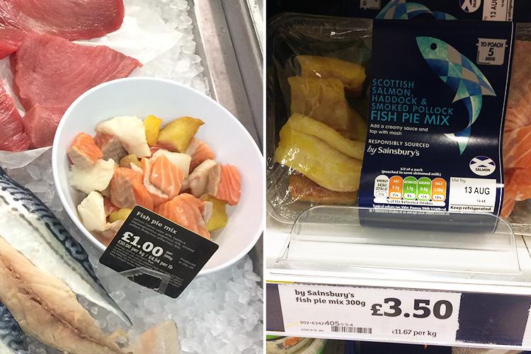  Fish pie mix was more expensive in the chilled aisle at Sainsbury's