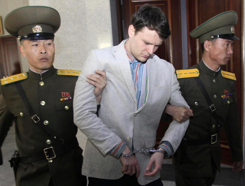  American student Otto Warmbier in handcuffs at his show trial in Pyongyang in 2016