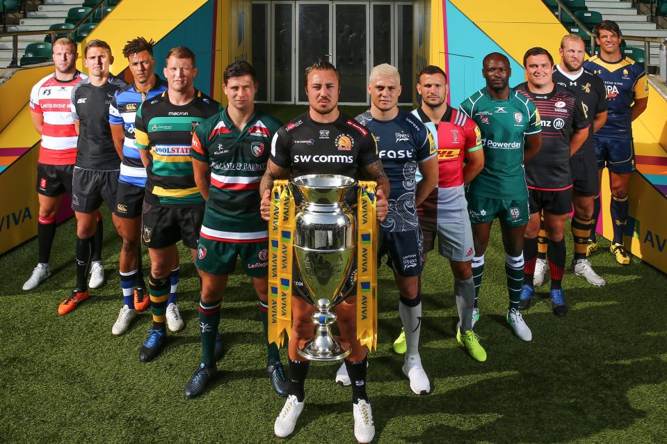  Rugby stars, from left, Ross Moriarty, Toby Flood, Anthony Watson, Dylan Hartley, Ben Youngs, Jack Nowell, James O'Connor, Danny Care, Topsy Ojo, Jamie George, James Haskell and Donnacha O'Callaghan pose with the Aviva Premiership trophy