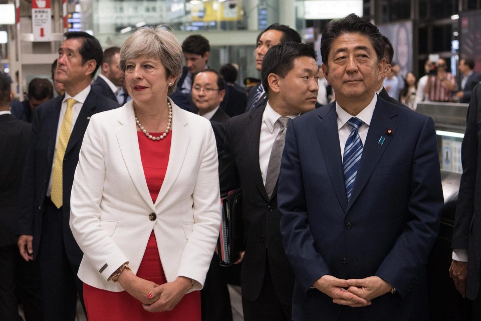  Prime Minister Theresa May takes a bullet train in Japan with their Prime Minister Shinzo Abe