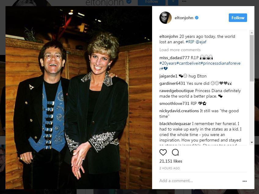 Sir Elton John yesterday shared a picture of him smiling with his friend Princess Diana — and said 'the world lost an angel” when she died 20 years ago'