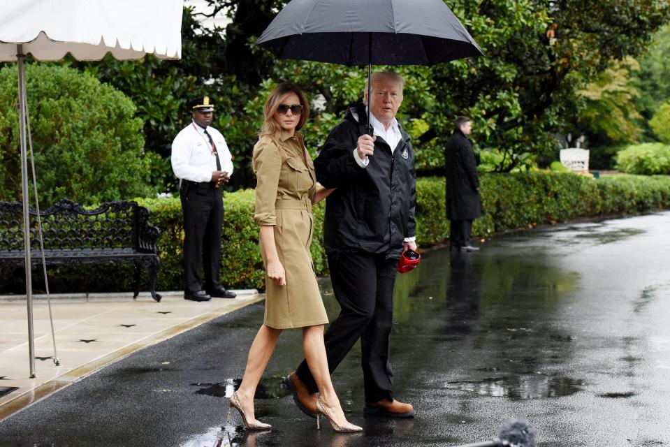 Melania has been criticised for wearing high heels during the first visit with Trump - but she worse trainers this time round