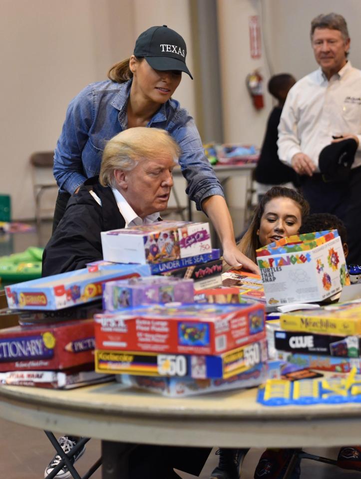 Donald Trump, with First Lady Melania Trump, visits Hurricane Harvey victims at NRG Centre and played games with children