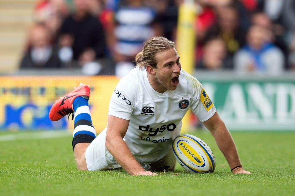  Max Clark celebrates scoring one of his two tries against Leicester Tigers