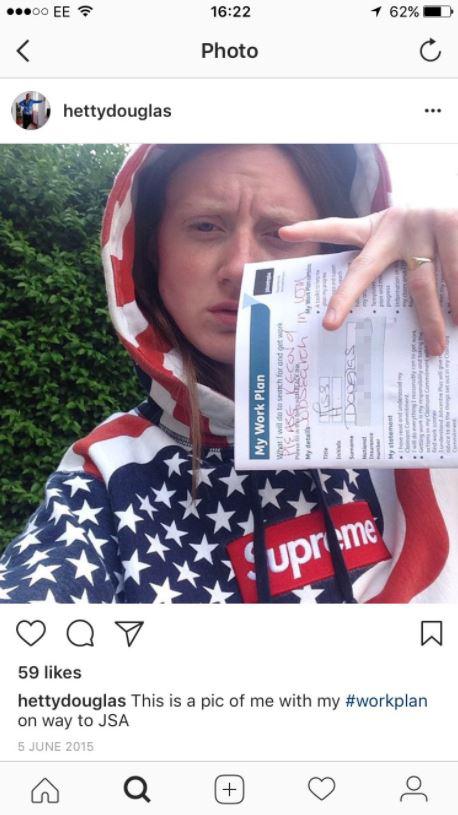  Douglas had previously posted a picture of herself holding a job centre booklet