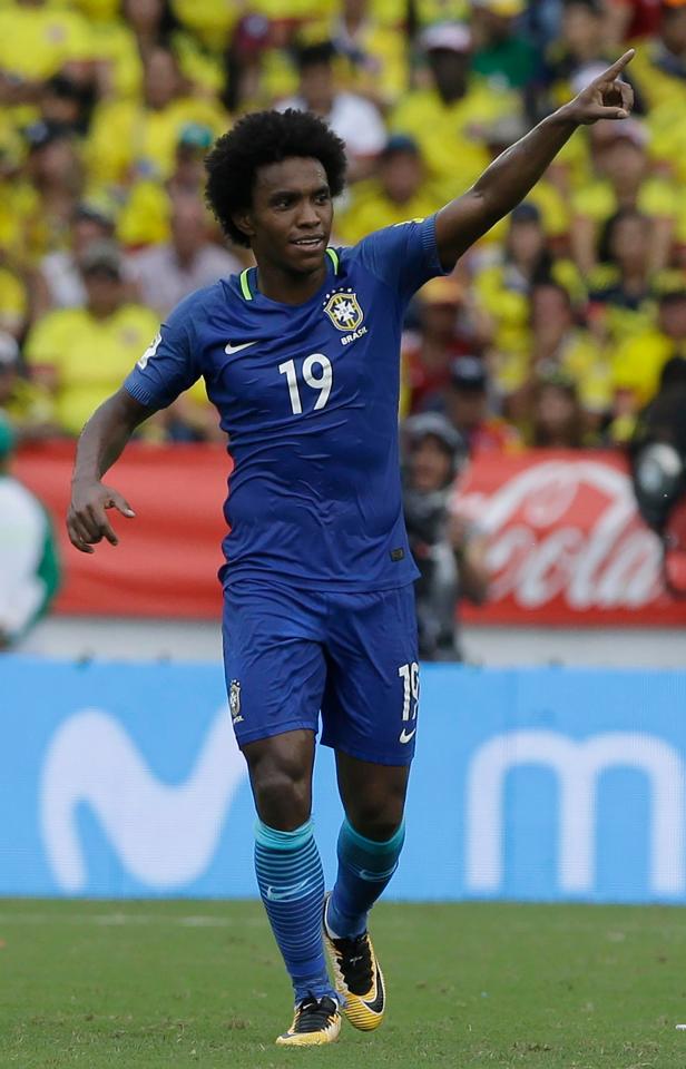  Willian celebrates scoring the opener in Barranquilla