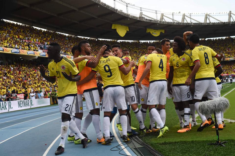  Colombia's players celebrate wildly after Falcao's equaliser