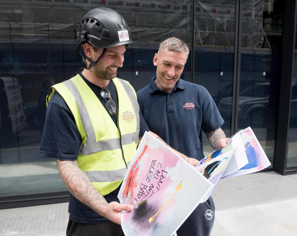  Scaffolders Warren, left, and Marc pictured laughing as they give scathing yet insightful critiques of snobby art student Hetty's work