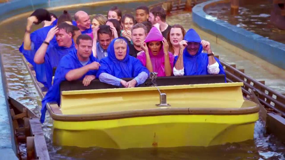 During a break from auditioning in the Surrey theme park, Simon Cowell, Nicole Scherzinger, Louis Walsh and Dermot braved the water ride