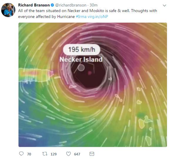  Branson tweeted a graphic showing his island in the eye of the deadly storm while confirming everyone on Necker was safe