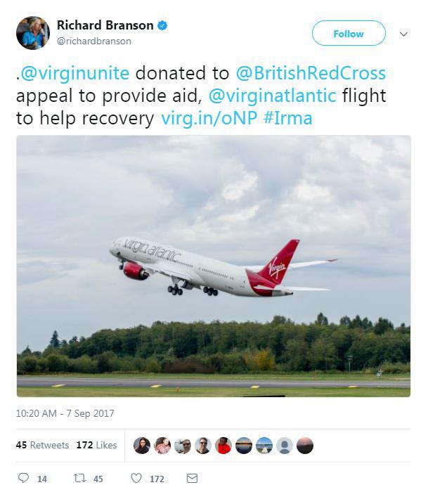  The billionaire also encouraged social media users to donate to the British Red Cross to help the relief effort