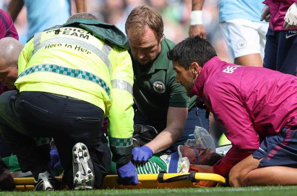 The Man City keeper was down on the floor for around five minutes receiving medical attention