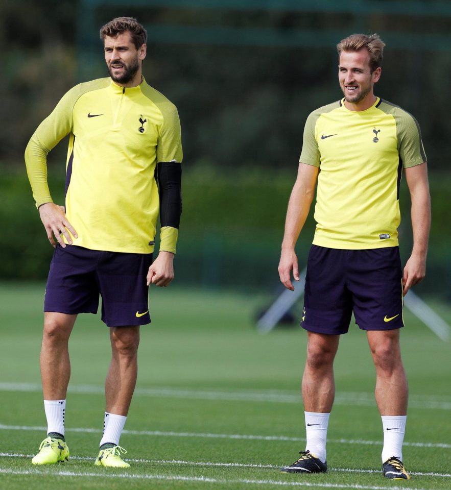 Summer-signing Fernando Llorente shares a training ground smile with Kane