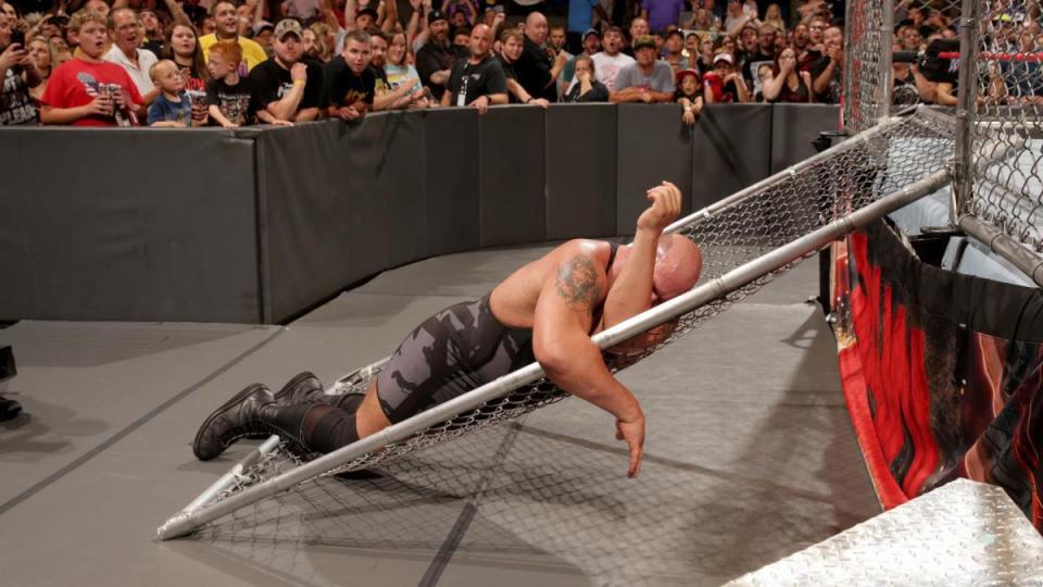  The WWE legend lay in a heap on top of the cage after the terrifying match last week