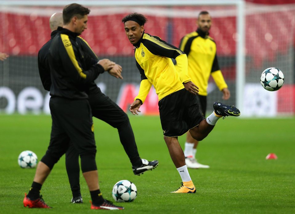 Pierre-Emerick Aubameyang trains at Wembley ahead of the Champions League clash with Tottenham