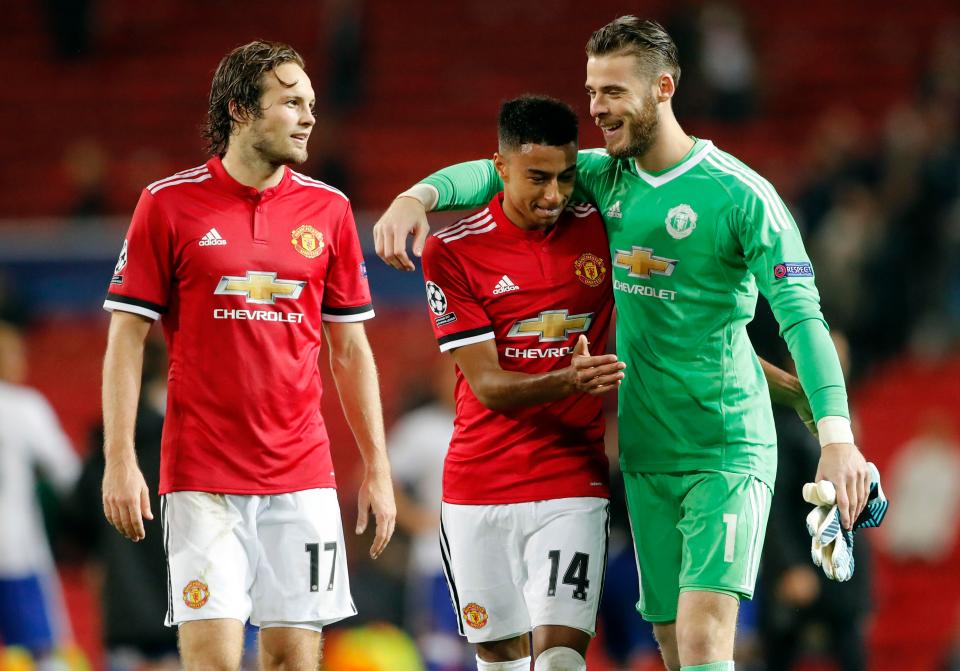  David de Gea enjoys a laugh with Daley Blind and Jesse Lingard after Manchester United beat Basel