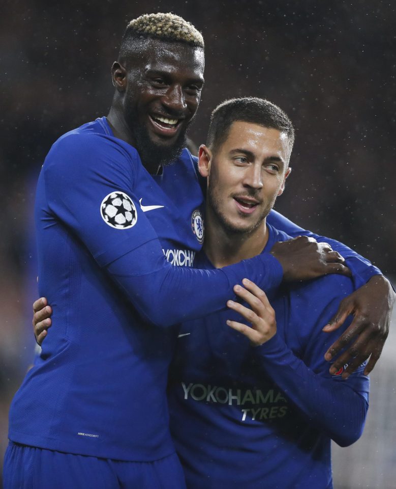 Fifth scorer Tiemoue Bakayoko celebrates his goals in the 6-0 defeat of Qarabag with Eden Hazard 