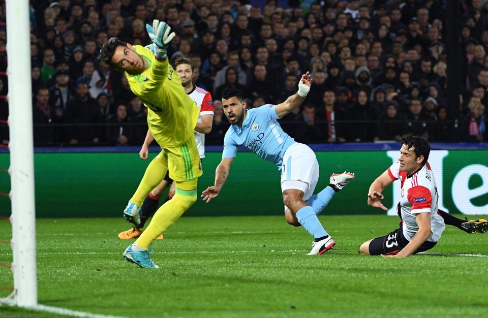 Sergio Aguero poached the second of the four Man City goals at Feyenoord