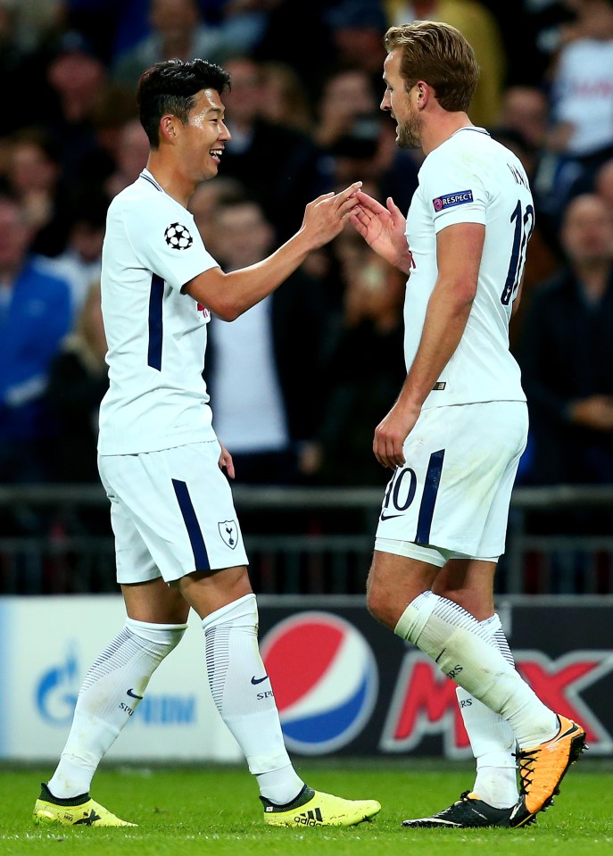 Tottenham’s goalscorers Heung-min Son and Harry Kane congratulate each other