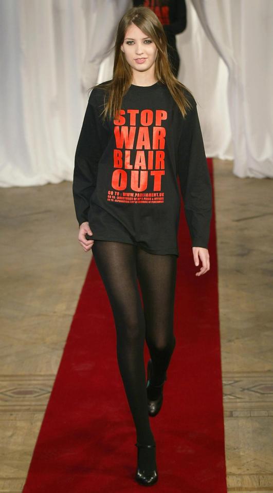  In 2003, designer Katherine Hamnett sent a model down the catwalk in a shirt that said 'STOP WAR, BLAIR OUT'