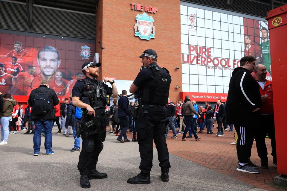  Armed cops at Anfield ahead of Liverpool's match with Burnley