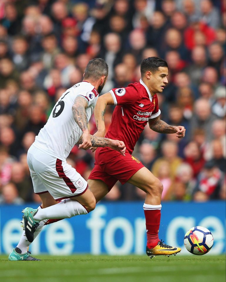  Philippe Coutinho in action in the first half for Liverpool against Burnley