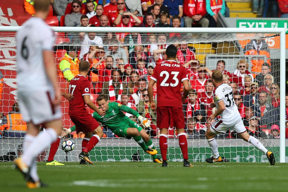  Scott Arfield fired Burnley into the lead at Anfield against Liverpool with a clinical finish