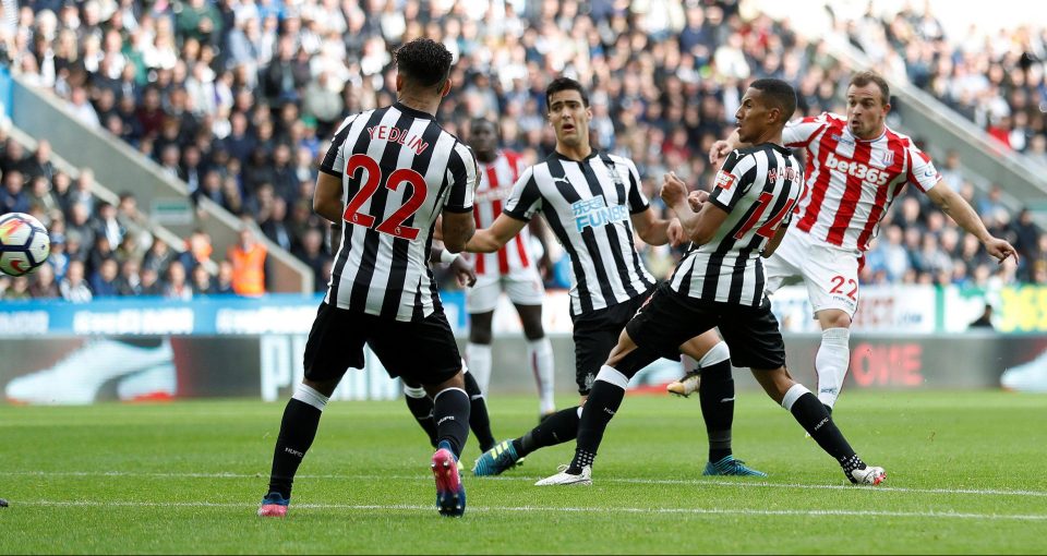 Xherdan Shaqiri measures a 20-yard left-footer that fizzes in to make it 1-1 