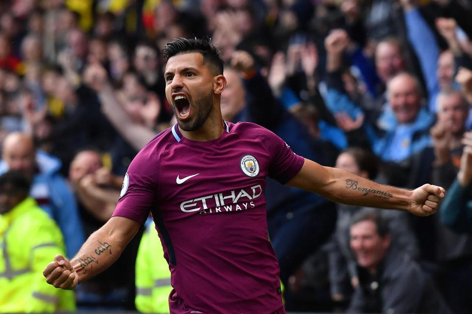  Argentinian ace Aguero celebrates after scoring against Watford