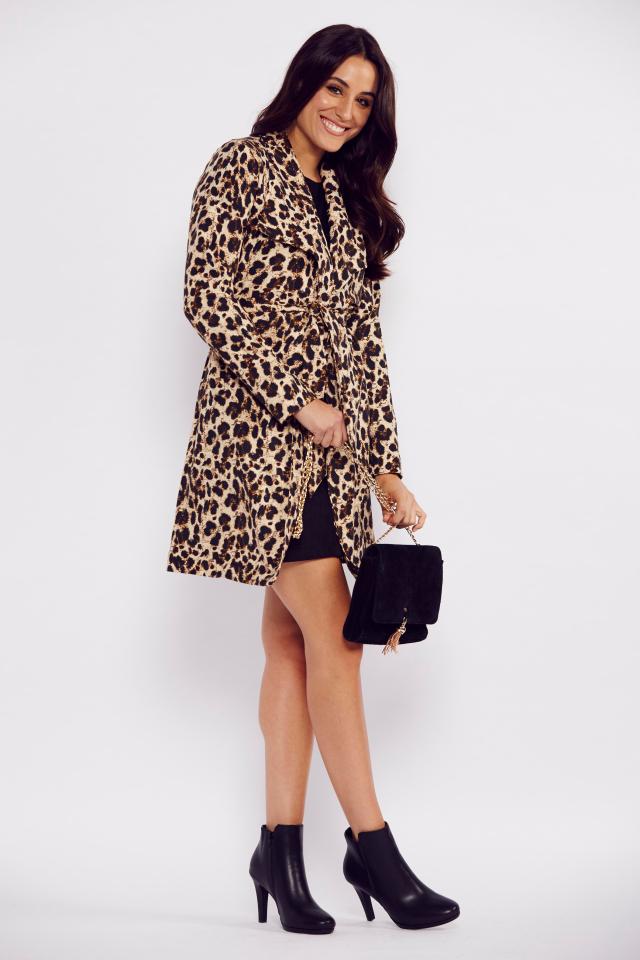 Leopard trench coat, £19.99; top, £7.99; skirt, £9.99; boots, £24.99; bag, £19.99