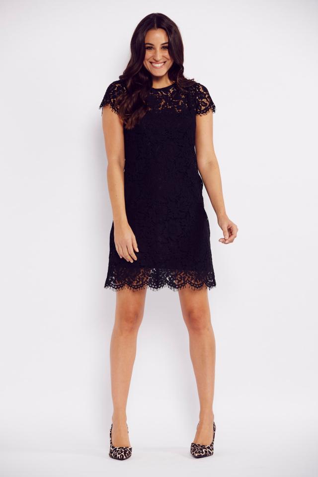 Black lace dress, £12.99; leopard heels, £19.99