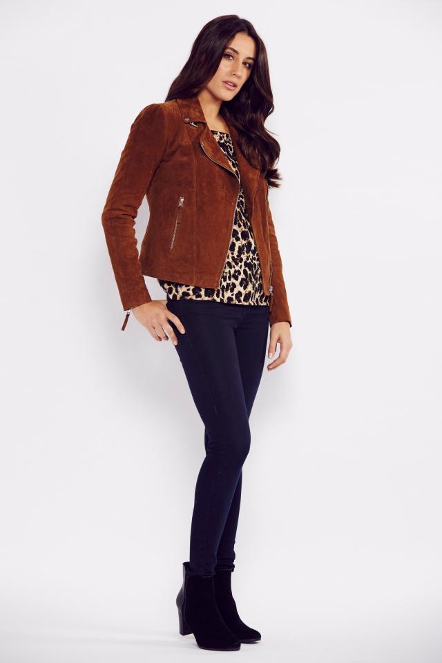 Leopard-print top, £11.99; suede jacket, £49.99; skinny jeans, £9.99; suede boots, £24.99