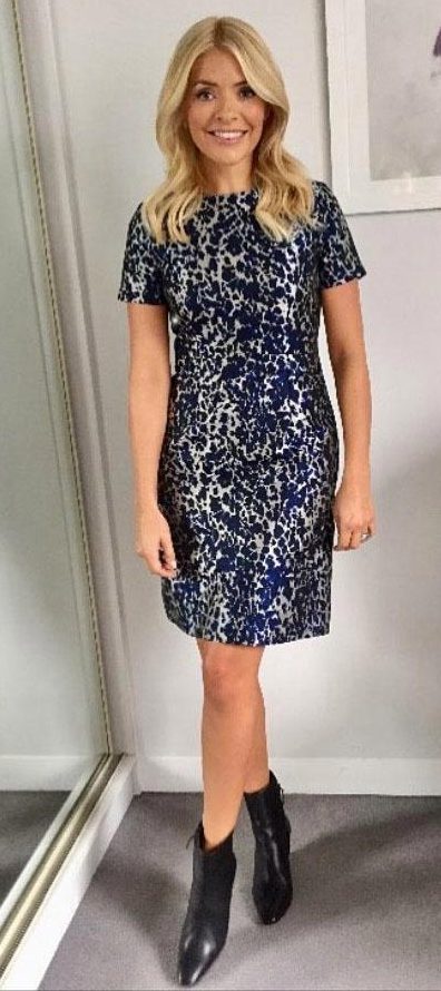  Blue metallic printed dress, £169, Hobbs; black boots, £130, Jones the Bootmaker