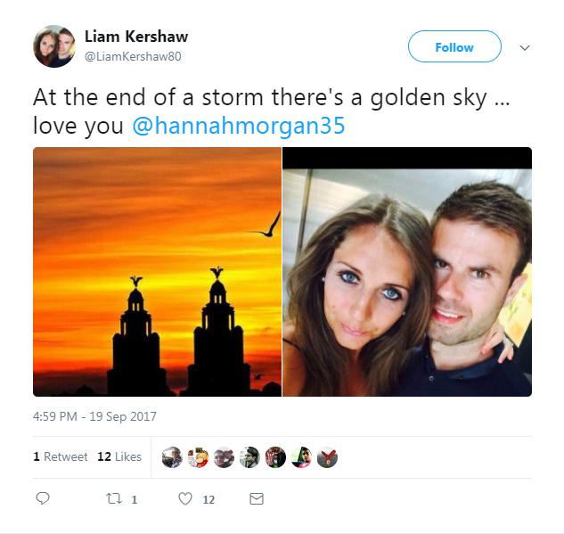  Kershaw later posted a tribute to his wife Hannah, along with a line from Liverpool FC's You'll Never Walk Alone anthem