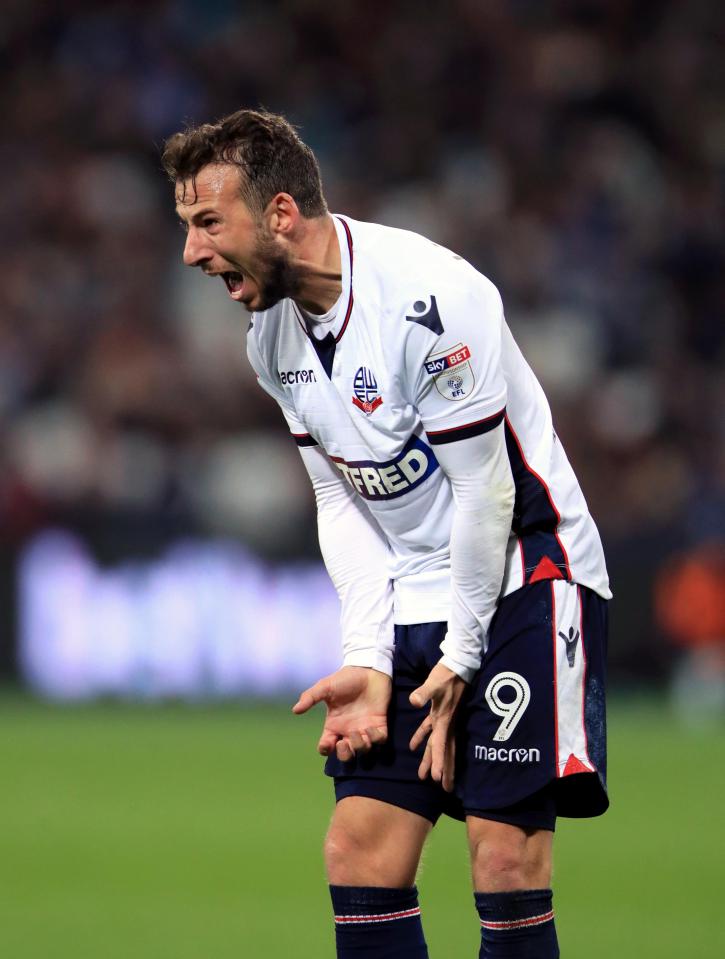  Bolton striker Adam Le Fondre shows his frustration losing at home to Brentford