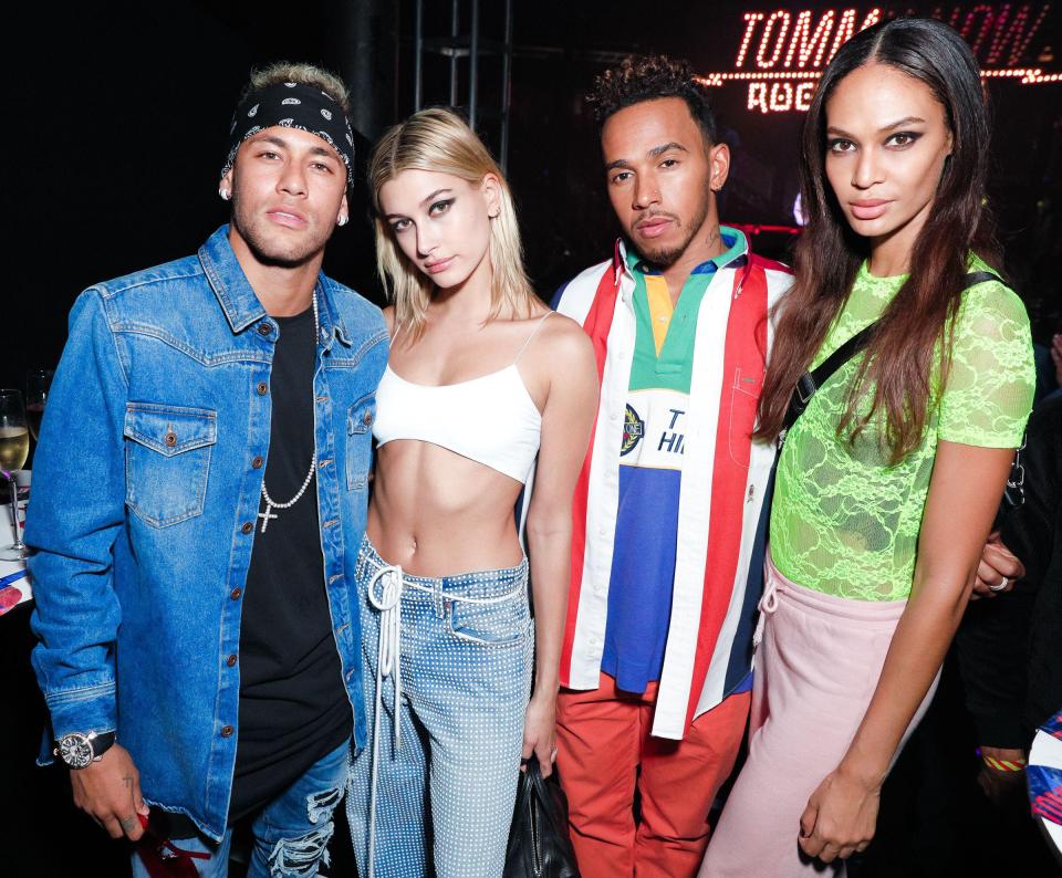 Neymar and Lewis Hamilton pose with Hailey Baldwin and Joan Smalls