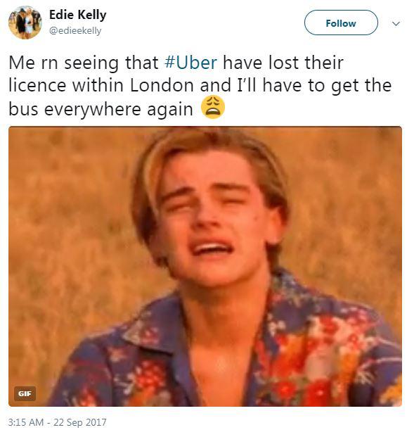  One social media user shared this image of Leonardo DiCaprio crying in the film Romeo and Juliet as they joked about the Uber ban