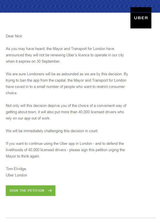  Uber has also written to its drivers in London, urging them to sign the petition