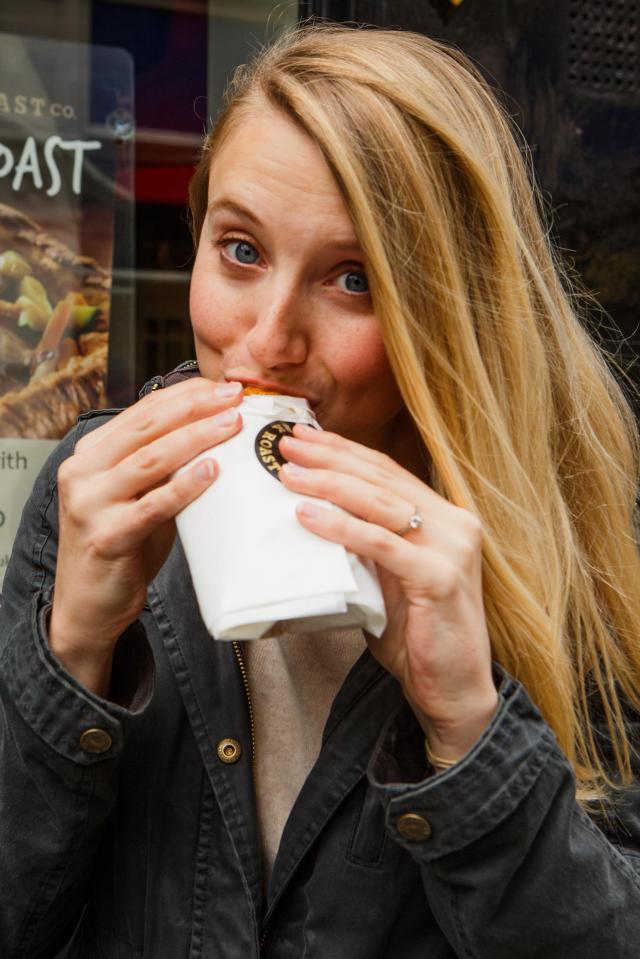  Vicky Armstrong tucks into a 'Yorkypud' - a roast snack going viral on social media