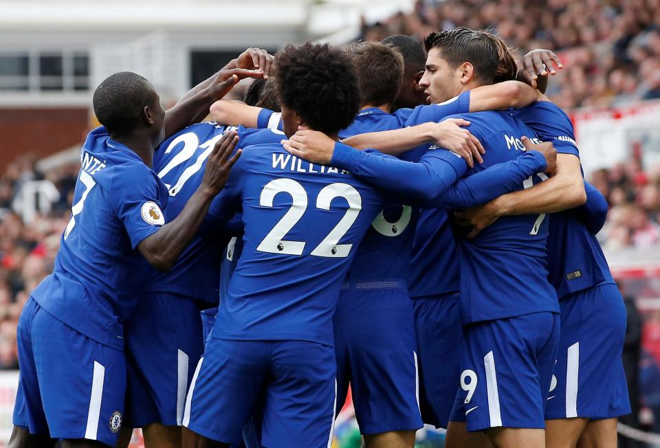 Chelsea celebrate taking the lead against Stoke in just the second minute