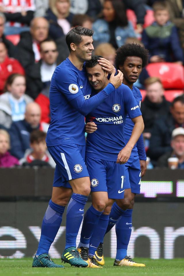 Pedro celebrates scoring Chelsea's second goal away to Stoke City