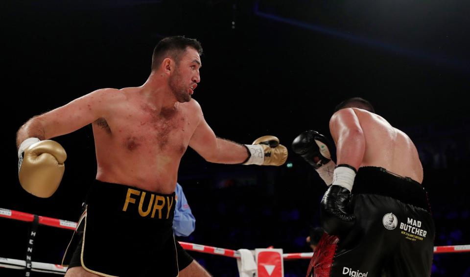 Hughie Fury lines up a right hand during the battle in Manchester