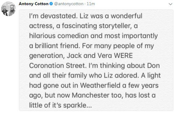 Antony Cotton posted a touching tribute to Liz