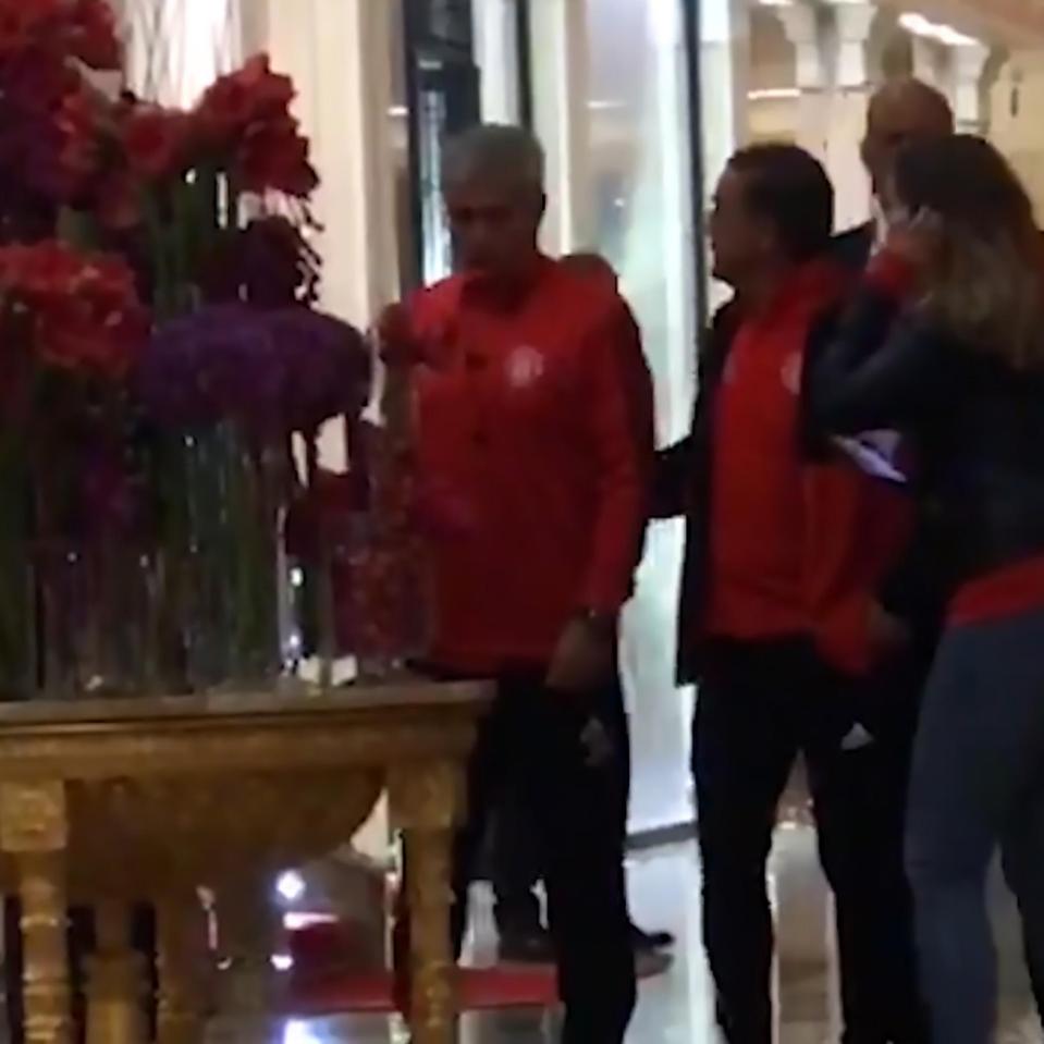 Jose Mourinho did his best to avoid the fan at the Radisson in Moscow