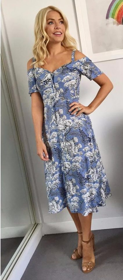  Blue and white floral cold-shoulder dress, £46, Warehouse; shoes, £350, Alexander White