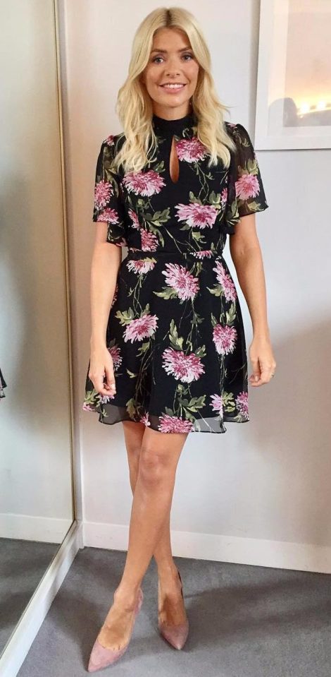  Black short sleeve dress with pink flowers, £38, Very.co.uk; shoes £175, LK Bennett