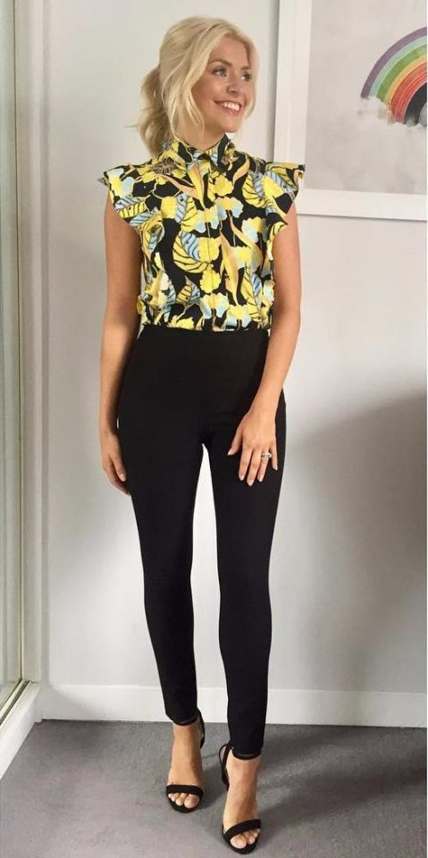  Yellow floral top, £59, Finery London; trousers, £75, French Connection; black strappy heels, £60, Office