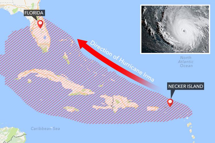 The eye of the category five hurricane is heading straight for Necker Island