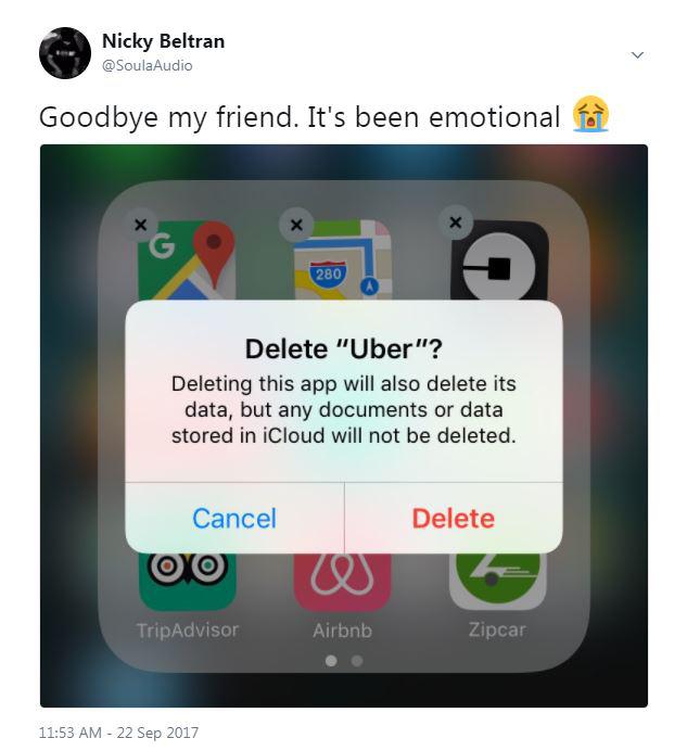  Nick was quick to delete the Uber app from his phone, and wrote: 'Goodbye my friend'